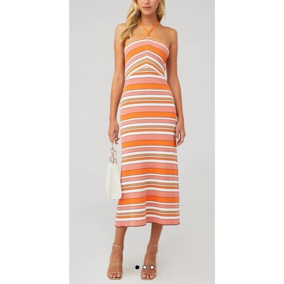 MinkPink Paige Sunset Striped Knit Midi Dress Orange Multi Color Medium NWT $139 - Picture 1 of 12